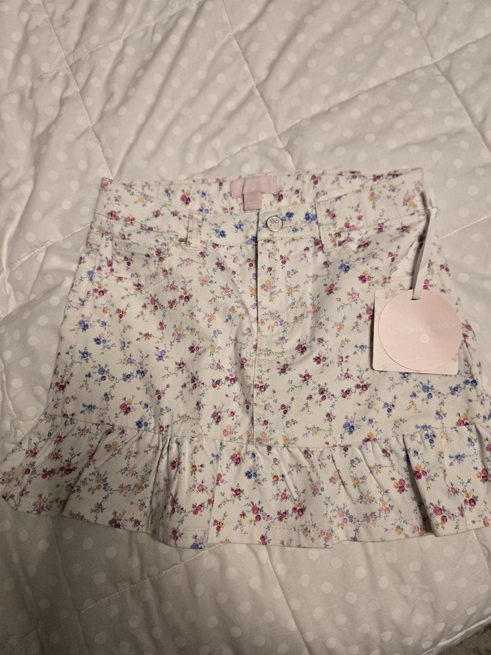 LoveShackFancy White Mini Skirt with Pink, Blue & Yellow Floral Print